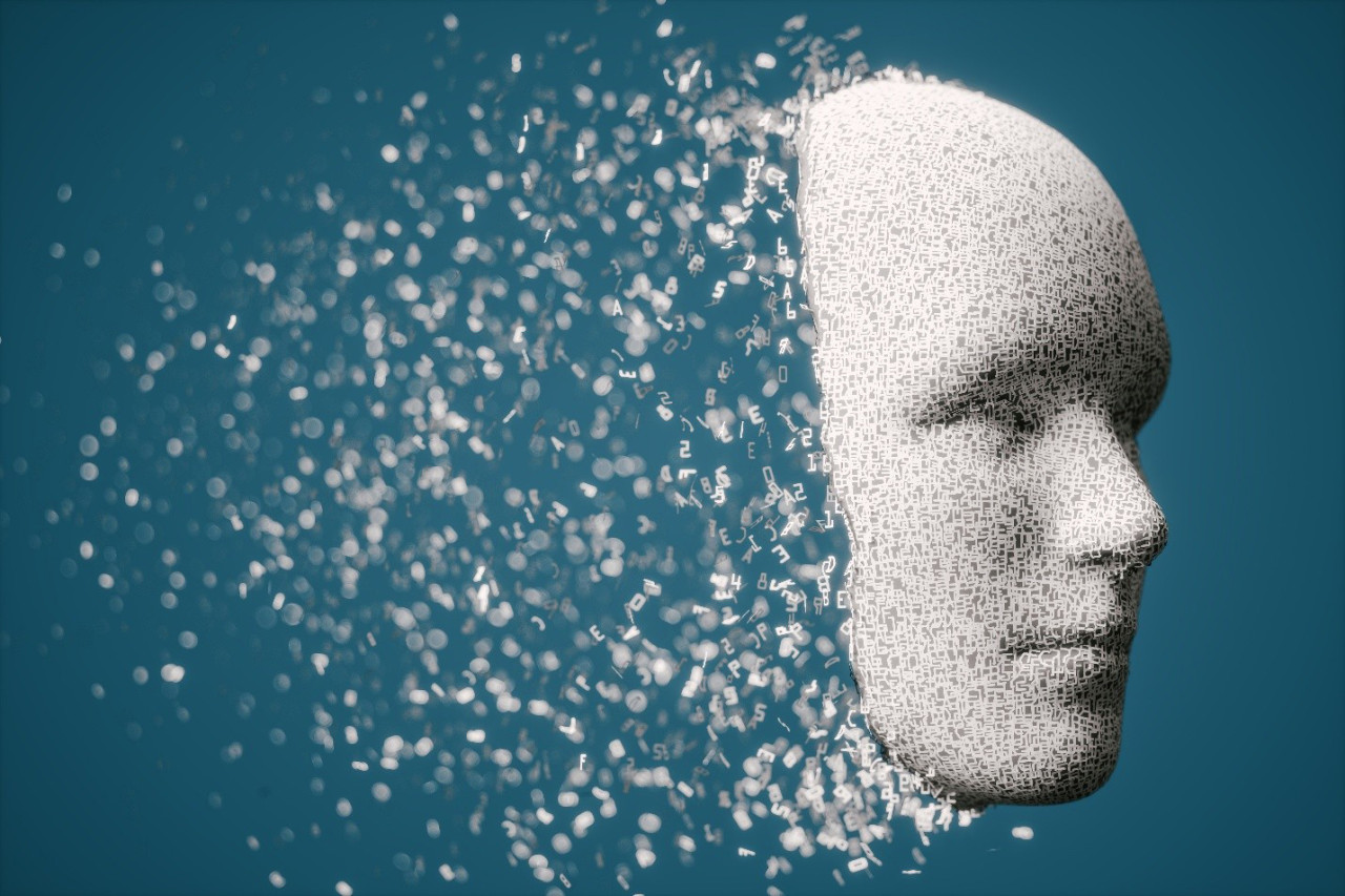 Digital human face representing AI and human judgment in HR decisions
